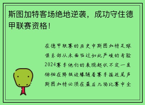 斯图加特客场绝地逆袭，成功守住德甲联赛资格！