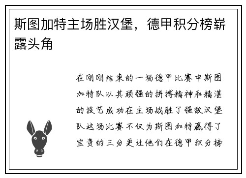 斯图加特主场胜汉堡，德甲积分榜崭露头角