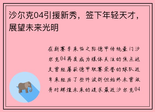 沙尔克04引援新秀，签下年轻天才，展望未来光明