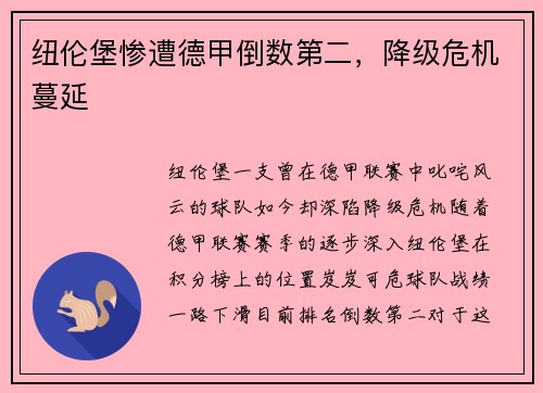 纽伦堡惨遭德甲倒数第二，降级危机蔓延