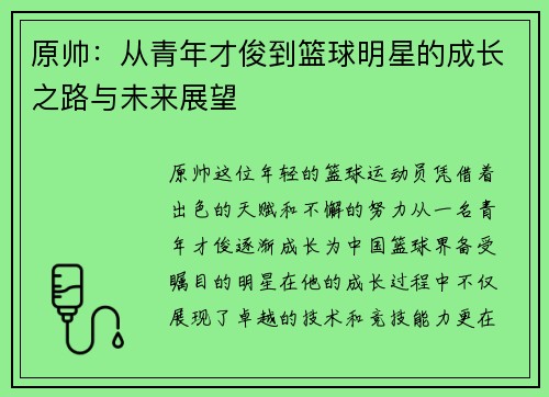 原帅：从青年才俊到篮球明星的成长之路与未来展望